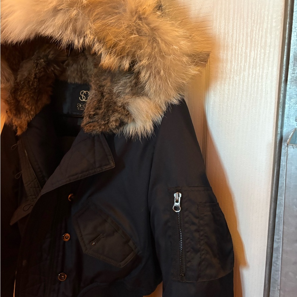 Black Puffer Jacket with Rabbit Fur Trim - Picture 4 of 5